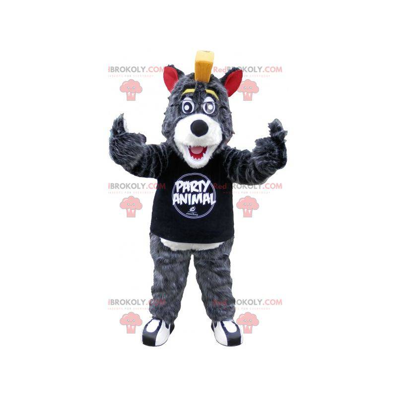 Grijze en witte wolf mascotte met een gele kuif - Redbrokoly.com