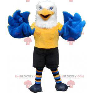 Mascot águila blanca, amarilla y azul peluda y muy acertada -