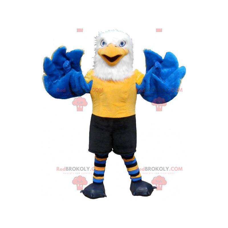 Mascote águia branca amarela e azul peluda e muito bem sucedida