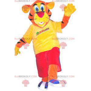 Mascote tigre laranja vestido de vermelho e amarelo -