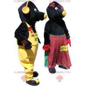 2 mascotes: casal de toupeiras pretas e amarelas -