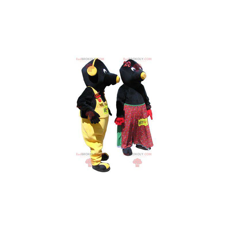 2 mascotes: casal de toupeiras pretas e amarelas -