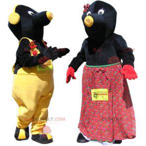 2 mascotes: casal de toupeiras pretas e amarelas -