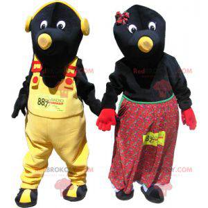 2 mascotes: casal de toupeiras pretas e amarelas -