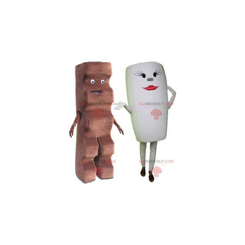 2 mascottes : une barre chocolatée et une tasse blanche -