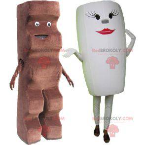 2 mascottes : une barre chocolatée et une tasse blanche -