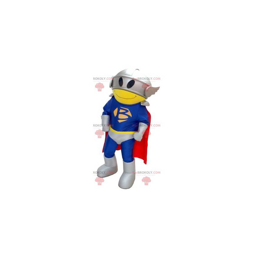 Mascotte de super-héros avec un costume une cape et un casque -