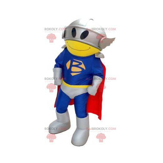 Mascota de superhéroe con un disfraz, una capa y un casco. -