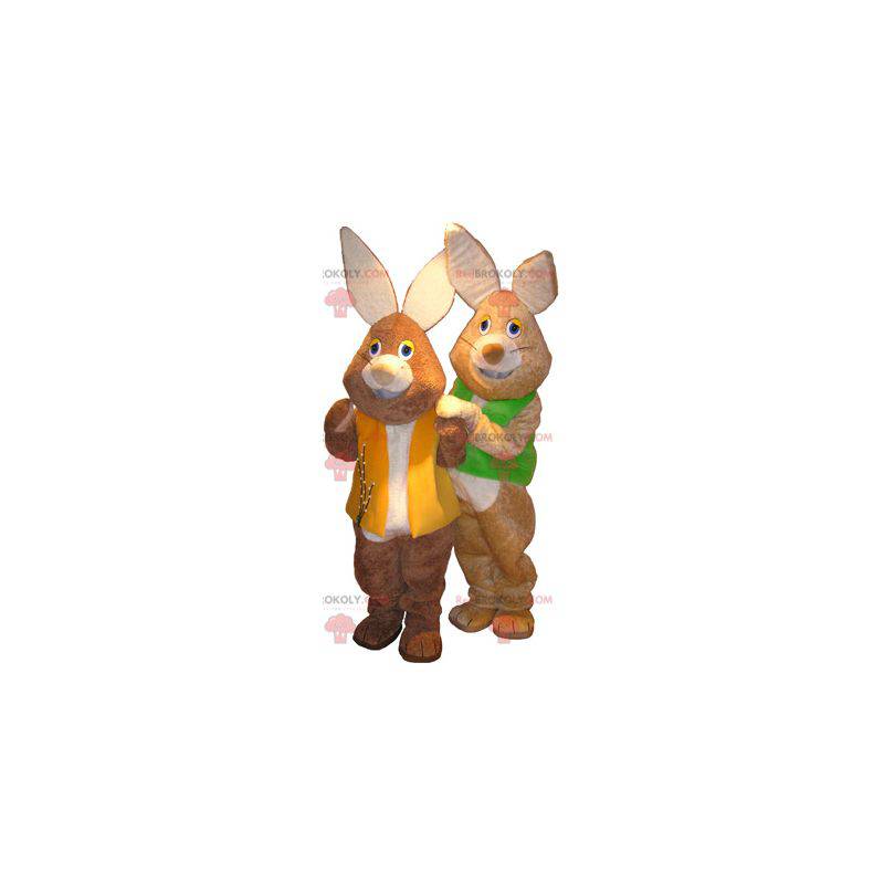 2 mascotes de coelhos marrons e brancos com coletes coloridos -