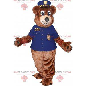 Mascote urso de pelúcia marrom com roupa de zelador -