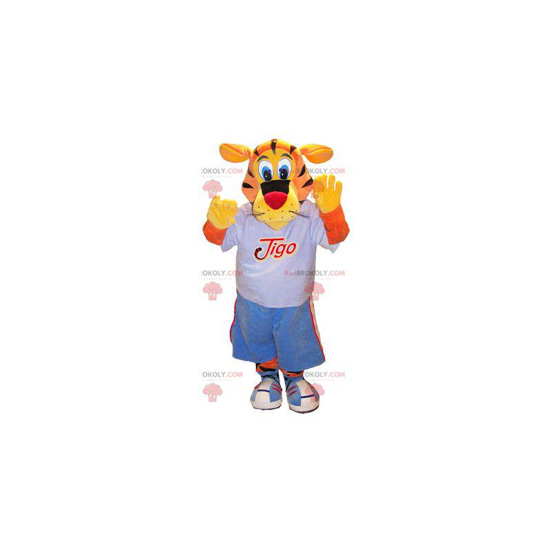 Mascote tigre Tigo laranja e amarelo em roupas esportivas azuis