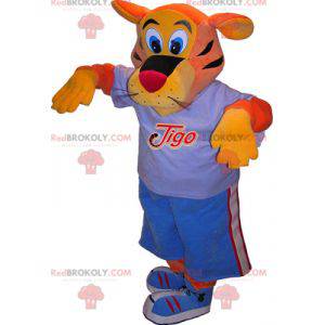 Orange and yellow Tigo tiger mascot in blue sportswear -