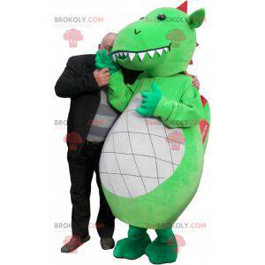 Mascotte de dragon vert blanc et rouge avec de grandes dents -