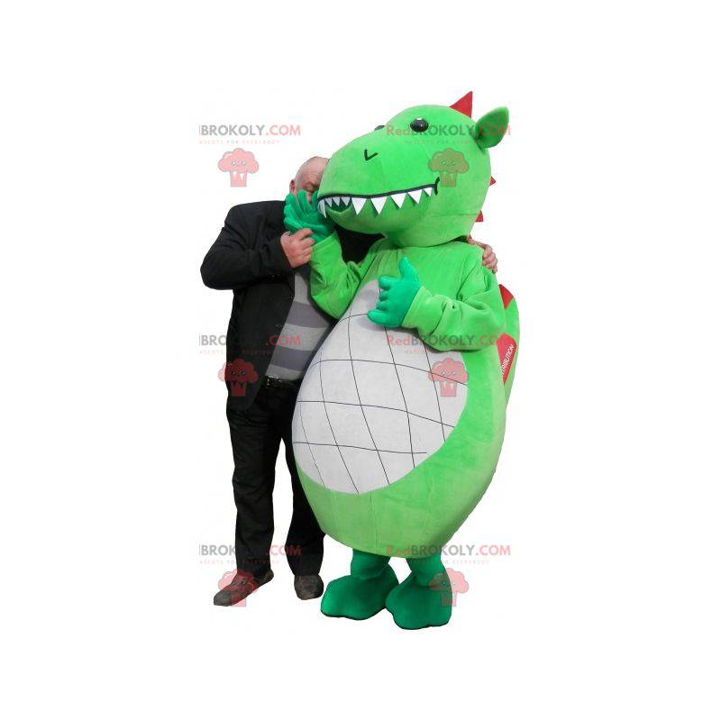 Green dragon mascot white and red with big teeth -