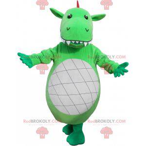 Mascotte de dragon vert blanc et rouge avec de grandes dents -