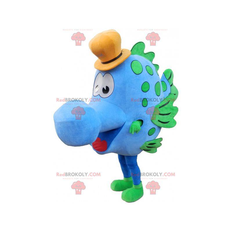 Blue and green fish mascot with a big nose and a hat -