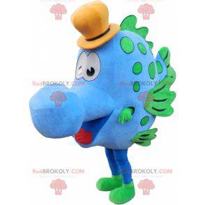 Blue and green fish mascot with a big nose and a hat -