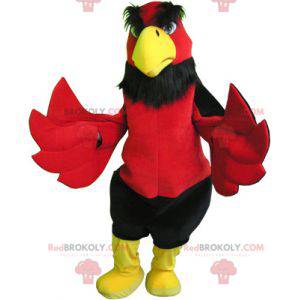 Mascote pássaro gigante e engraçado, vermelho, preto e amarelo