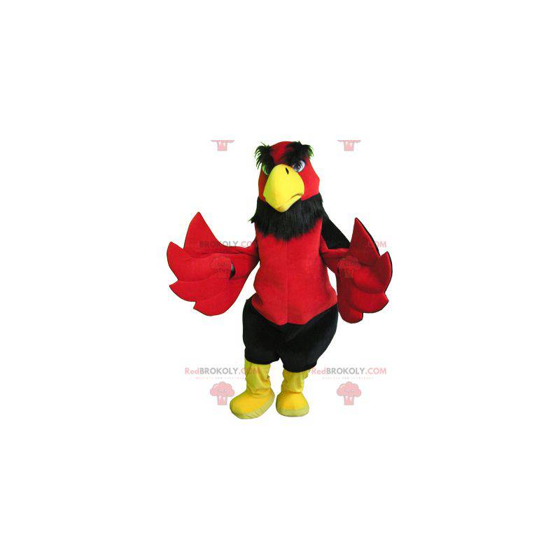 Kæmpe og sjov rød sort og gul fuglemaskot - Redbrokoly.com