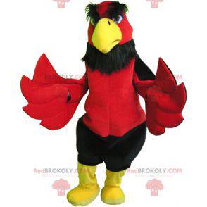 Obří a zábavný červený černý a žlutý pták maskot -