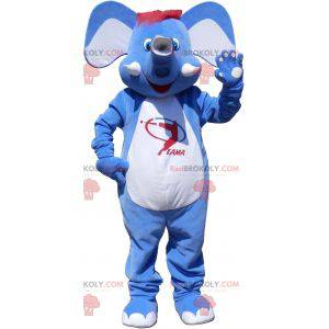 Mascotte d'éléphant bleu et blanc avec les cheveux rouges -