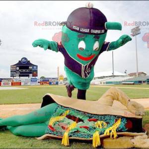 2 mascotes um homem verde gigante e um sanduíche de taco -