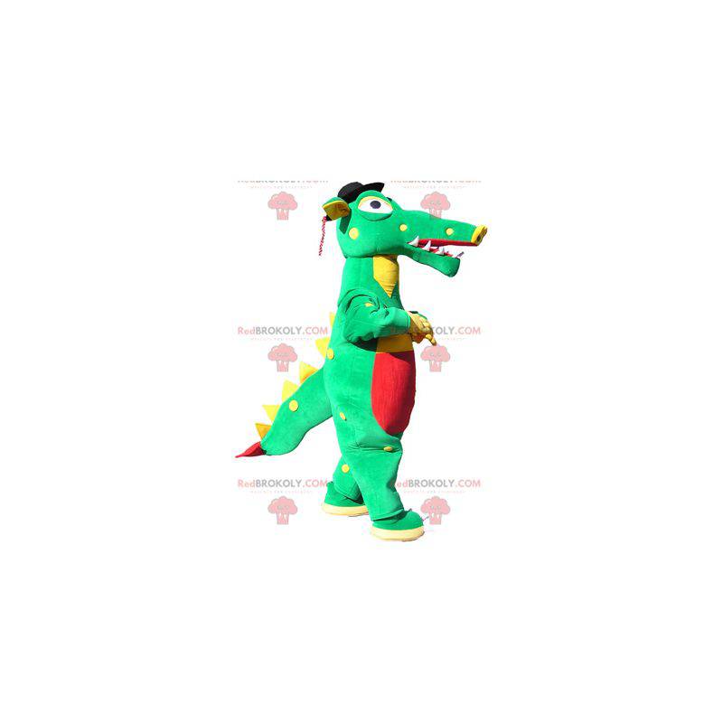 Mascotte de crocodile vert jaune et rouge avec un chapeau noir