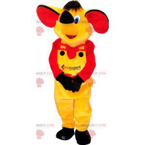 Mascota elefante amarillo con traje amarillo y rojo -