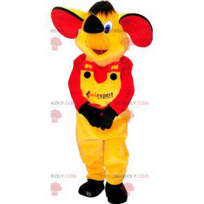 Mascota elefante amarillo con traje amarillo y rojo -