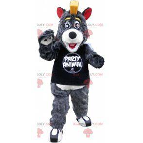 Maskot velký šedý a bílý medvěd se žlutým hřebenem -