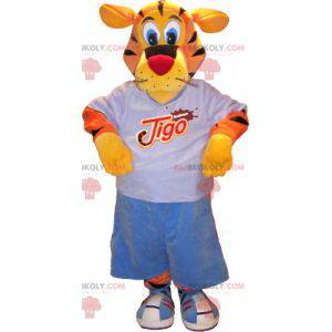 Mascotte de tigre orange jaune noir avec tenue sportive -