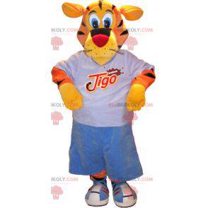 Mascote tigre amarelo alaranjado com roupa esportiva preta -