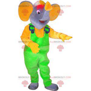 Graues Elefantenmaskottchen mit neongrünem Overall -