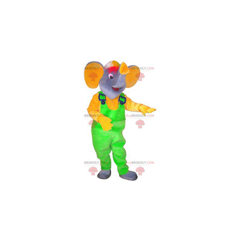 Gray elephant mascot with neon green overalls - Redbrokoly.com