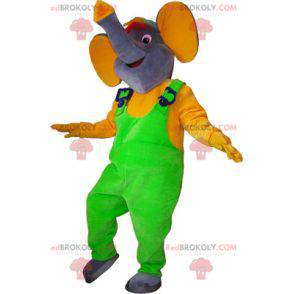 Graues Elefantenmaskottchen mit neongrünem Overall -