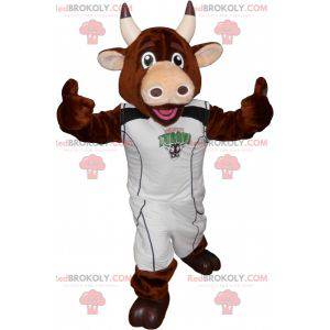 Mascotte de vache marron avec une tenue sportive -