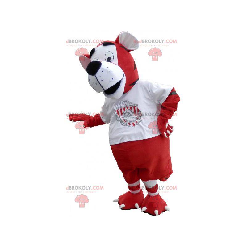 Mascotte della tigre in abbigliamento sportivo rosso e bianco -