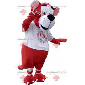 Mascotte de tigre en tenue sportive rouge et blanche -