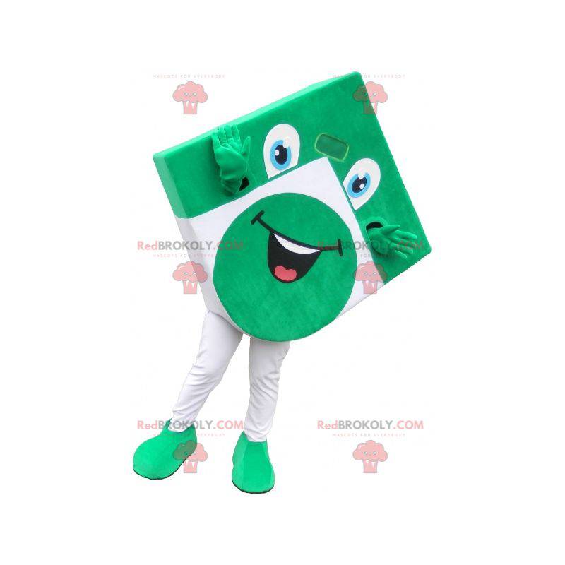 Mascote quadrado verde e branco parece divertido -