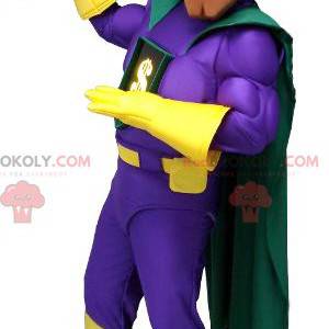 Very muscular superhero mascot with a colorful outfit -