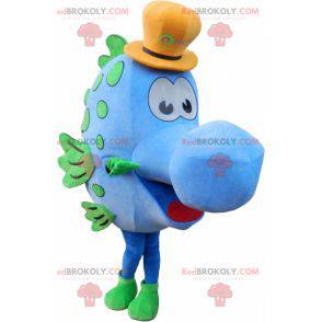 Mascote peixe azul com chapéu amarelo - Redbrokoly.com