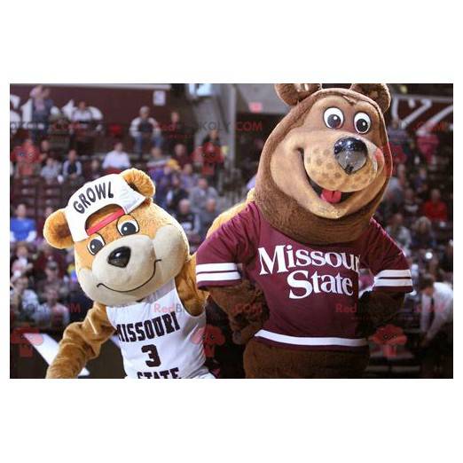 2 mascottes d'ours marron en tenue de sport - Redbrokoly.com