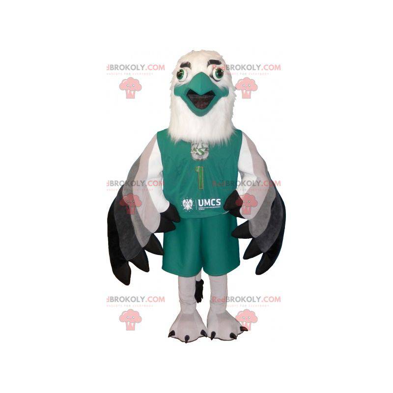Maskotka biało-zielony sfinks w odzieży sportowej -