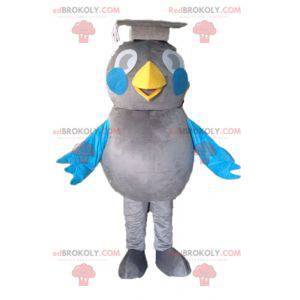 Mascotte d'oiseau gris et bleu. Mascotte de diplômé -