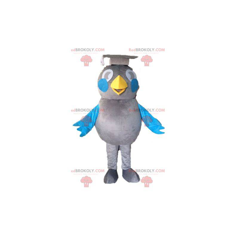 Grå og blå fuglemaskot. Gradueret maskot - Redbrokoly.com