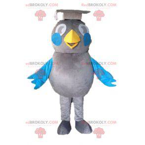 Graues und blaues Vogelmaskottchen. Absolvent Maskottchen -