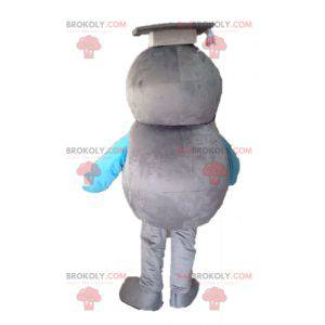 Mascota de pájaro gris y azul. Mascota graduada - Redbrokoly.com