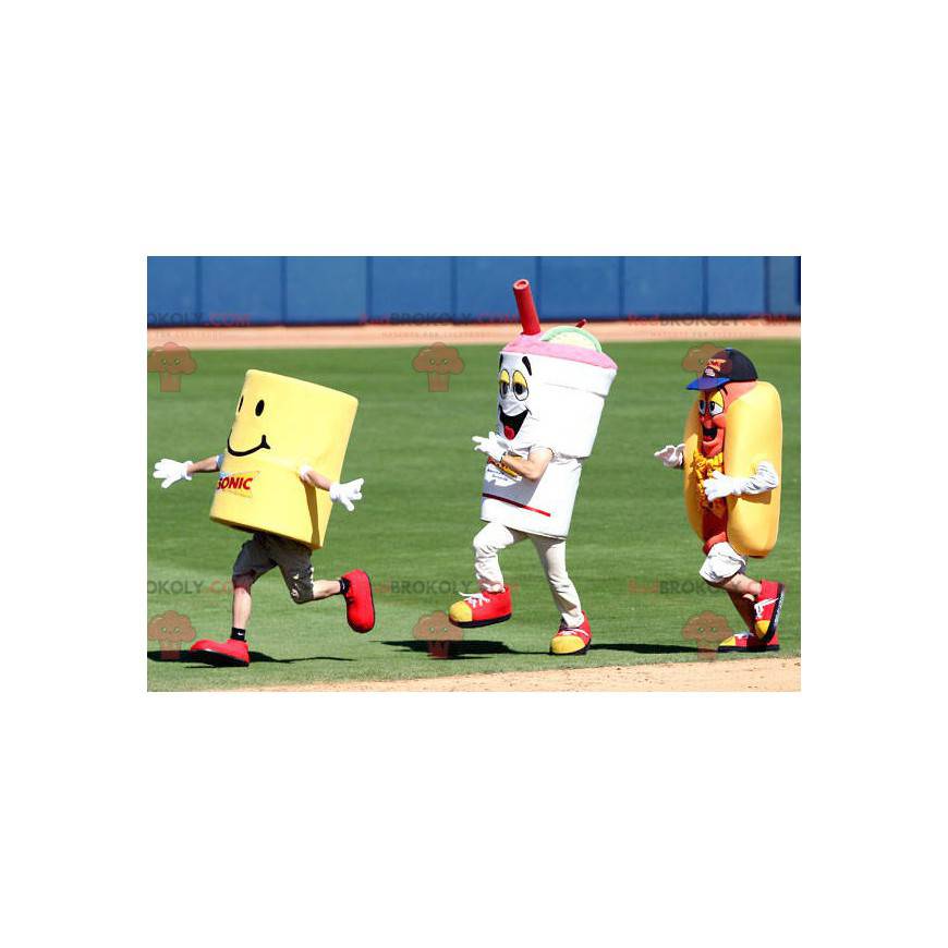 3 mascots a sandwich a drink and a yellow cylinder -