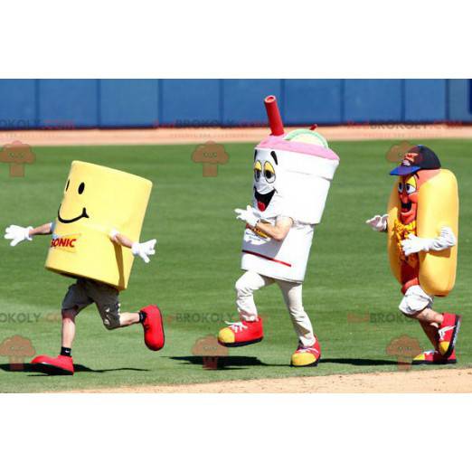 3 mascotas un sándwich, una bebida y un cilindro amarillo. -