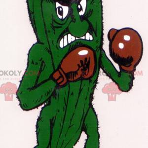Mascotte de cornichon vert farouche avec des gants de boxe -